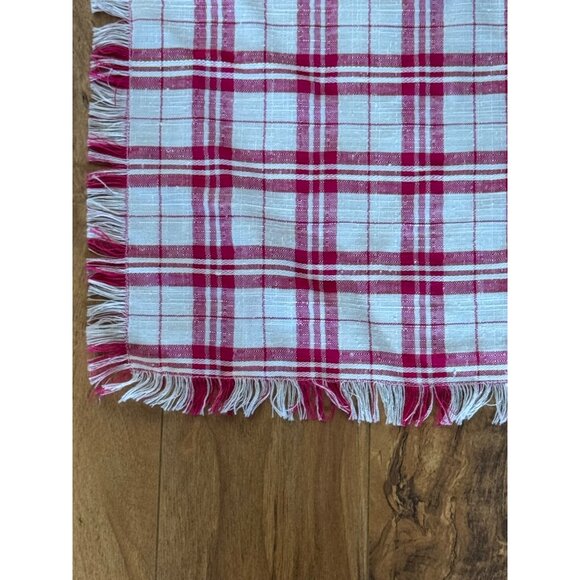Red & White Plaid Woven Tablecloth With Fringe Edges 43" X 42" - Picture 5 of 6